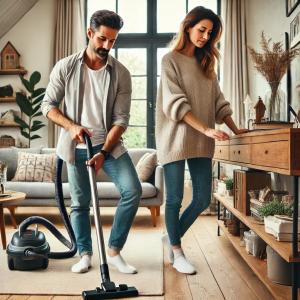 Couple nettoyant sa maison